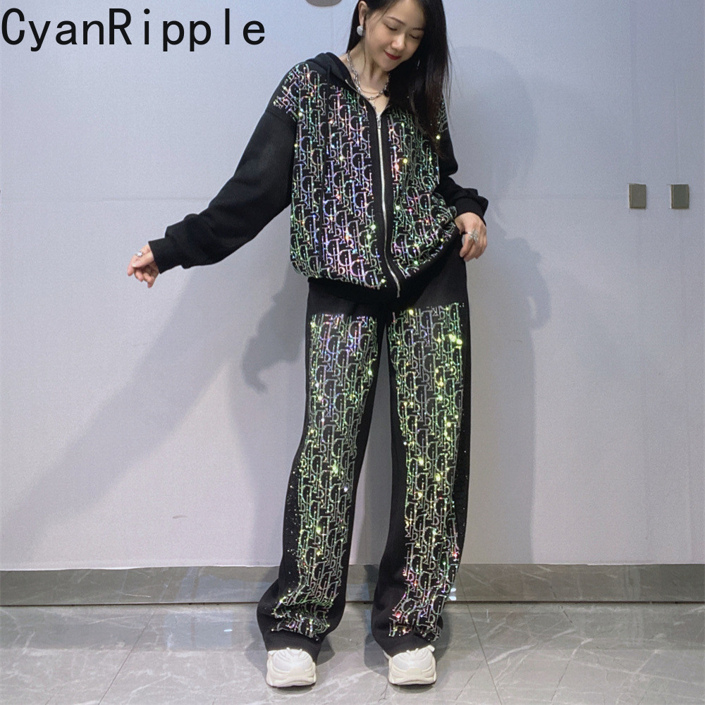 Women'S Fashion Zip Hoodie - แฟชั่นใหม่สำหรับฤดูใบไม้ร่วงและฤดูหนาว ชุดฮู้ดดี้ผู้หญิง ลายตัวอักษรประดับเพชร ฮู้ดดี้แบบมีซิป เสื้อโค้ท +