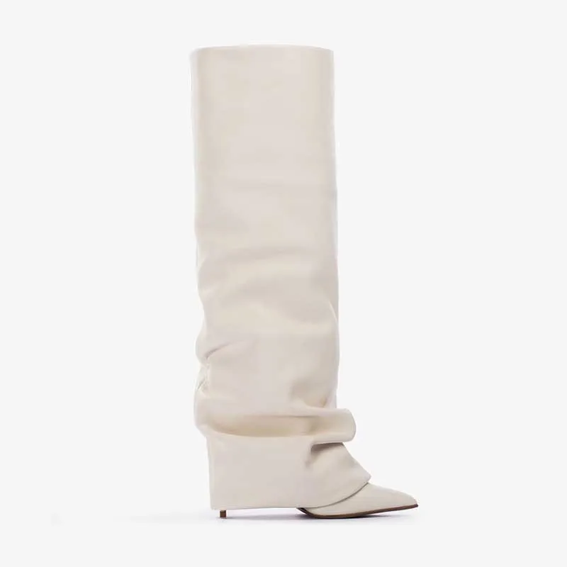 Women'S Fashion Trousers - รองเท้าบูททรงสูงถึงเข่าแบบจีบสีดำ สไตล์ยุโรปและอเมริกา สำหรับสาวสุดแซ่บ ส้นสูง แฟชั่นเซ็กซี่ ไซส์