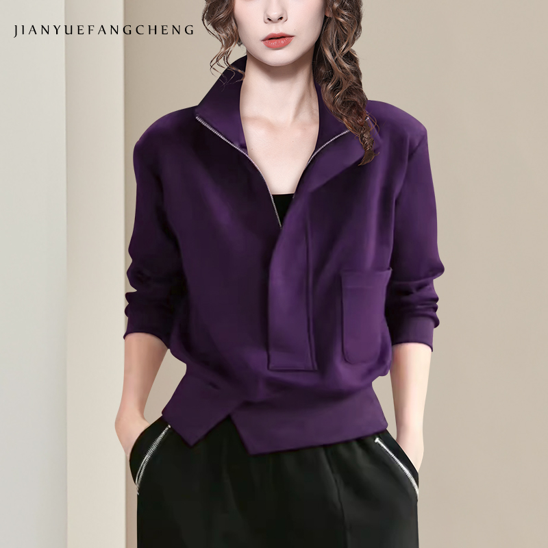 Women'S Fashion Quarter Zip - เสื้อสเวตเชิ้ตผู้หญิงแบบถัก ครอป ซิปครึ่งตัว ผ้าฟลีซ มีฮู้ด ซิปสี่ส่วน
