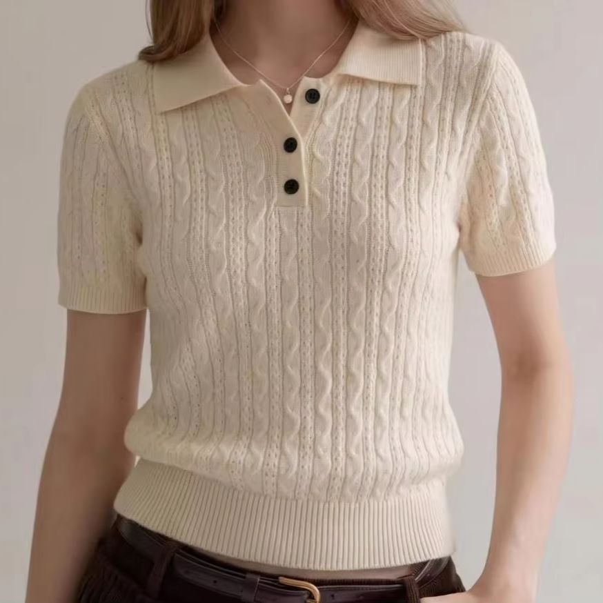 Women Fashion Style - เสื้อโปโลถักลายเกลียวสไตล์ลำลองแฟชั่นสำหรับผู้หญิง แขนสั้น ทรงเข้ารูป ใส่ได้ทุกโอกาส เหมาะสำหรับฤดูร้อน