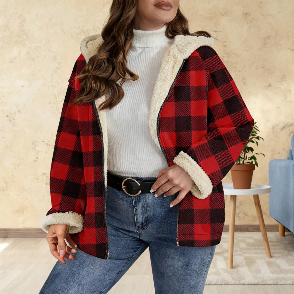 Sherpa Coat Women - เสื้อแจ็คเก็ตเชอร์ปาลายสก็อตสำหรับผู้หญิง แขนยาว บุขนแกะ ทรงโอเวอร์ไซส์ อุ่นสบาย มีซิปและฮู้ด