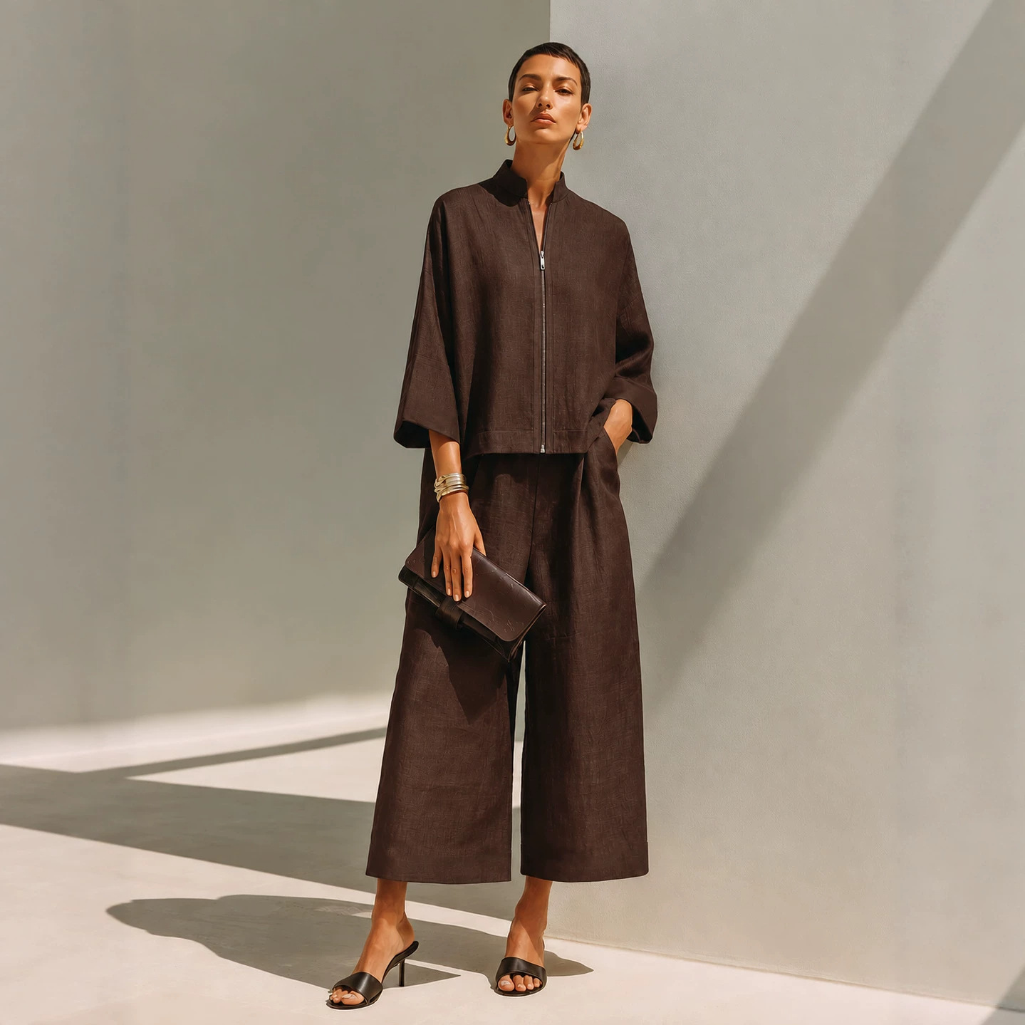Women'S Fashion Quarter Zip - ชุดเซ็ตสองชิ้นแฟชั่นผู้หญิงใหม่สำหรับฤดูใบไม้ผลิและฤดูใบไม้ร่วง ผ้าลินิน คอตั้ง ซิป แขนสามส่วน กางเกงขายาวทรงกว้าง