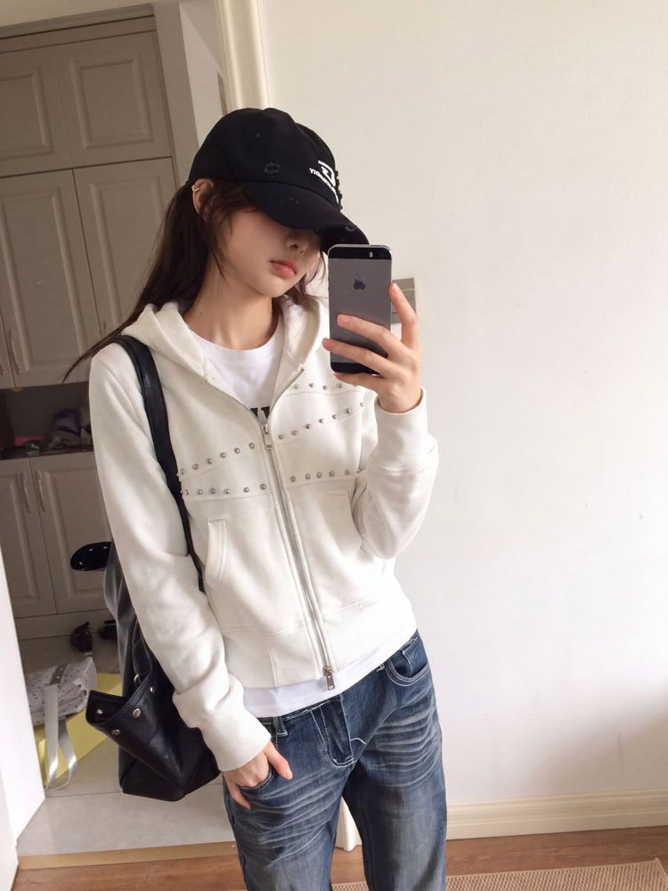 Women'S Fashion Zip Hoodie - เสื้อฮู้ดดี้ผู้หญิงสไตล์ Y2K ประดับหมุด ซิปหน้า แจ็คเก็ตครอปพอดีตัว สไตล์วินเทจ