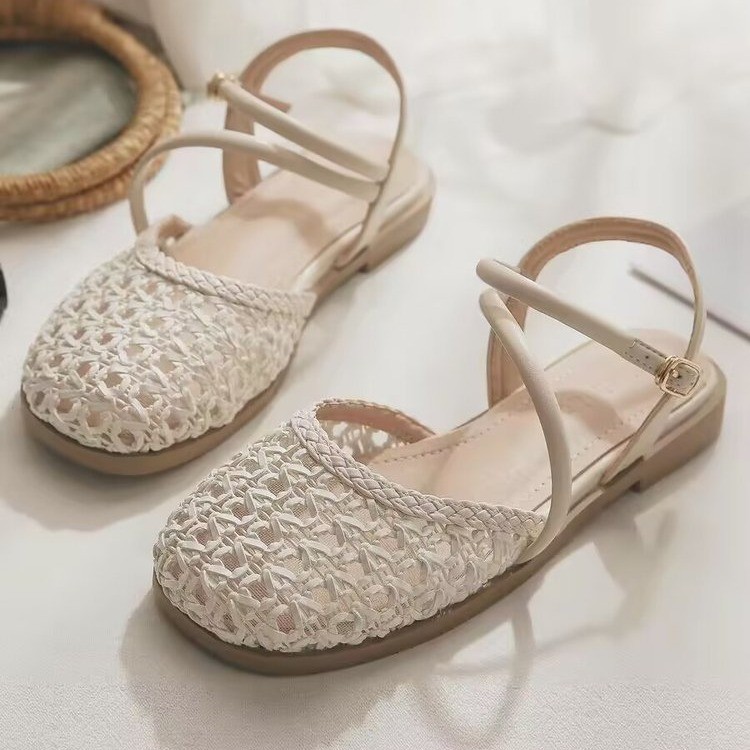 Women Fashion Heels - รองเท้าแตะแบบปิดสไตล์ฝรั่งเศสสำหรับผู้หญิง สายรัดเดี่ยวแบบกลวงสำหรับฤดูร้อน ส้นหนา ไซส์ใหญ่