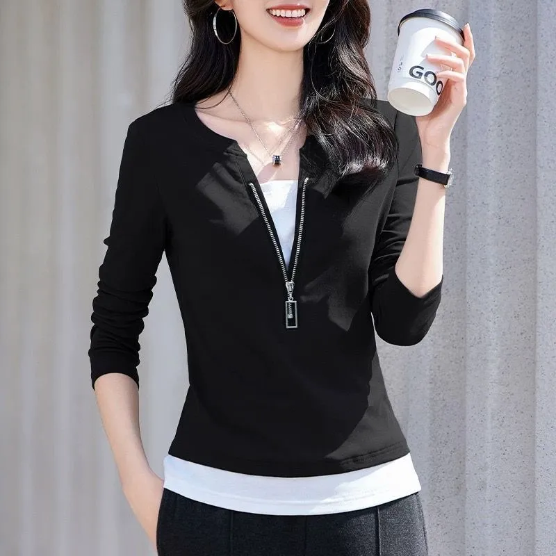 Women'S Fashion Quarter Zip - เสื้อแฟชั่นผู้หญิง คอวี ซิป แขนยาว ดีไซน์สองชิ้นหลอกๆ รุ่นใหม่