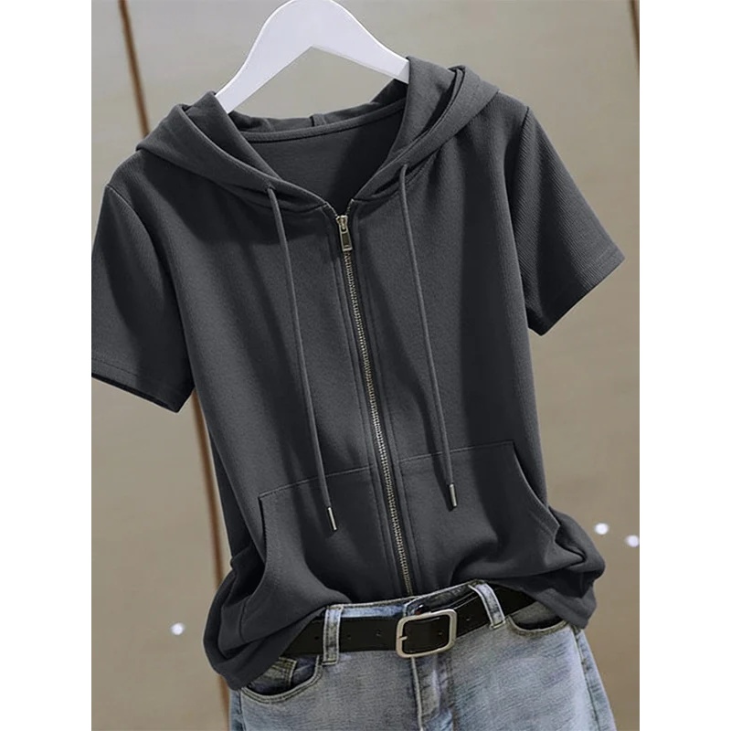 Women'S Fashion Zip Hoodie - เสื้อฮู้ดแขนสั้นแบบมีซิปสำหรับผู้หญิง ฤดูร้อน ผ้าฝ้าย ไซส์ใหญ่ ทรงหลวม ระบายอากาศได้ดี