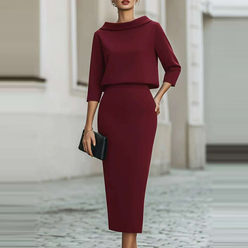 Women'S Fashion Quarter Zip - ชุดกระโปรงทรงเข้ารูปแบบเรียบหรู ดีไซน์เก๋ไก๋ ชุดกระโปรงทรงเอวสูงแบบพันรอบตัว ชุดแฟชั่นเสื้อคอโอแขนยาวเข้าชุดกับกระโปรง