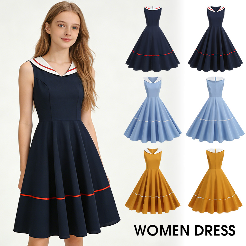 Women'S Fashion Of The 50S - ﻿ 50s 60s วินเทจสไตล์กองทัพเรือชุดเดรสทรงเอผู้หญิงแขนกุดแบบมีสไตล์ชุดเดรสสไตล์วิทยาลัยชุดเดรสสาวๆ S-2XL