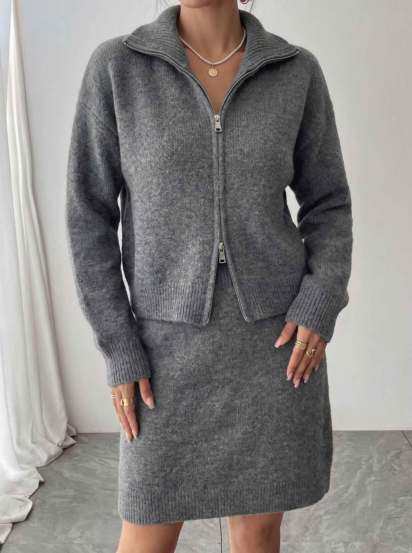 Women'S Fashion Quarter Zip - ชุดวอร์มซิปถักนิตติ้งสุดหรูสำหรับผู้หญิงช่วงต้นฤดูใบไม้ร่วง กระโปรงทรงเข้ารูปเอวสูง ชุดสองชิ้น
