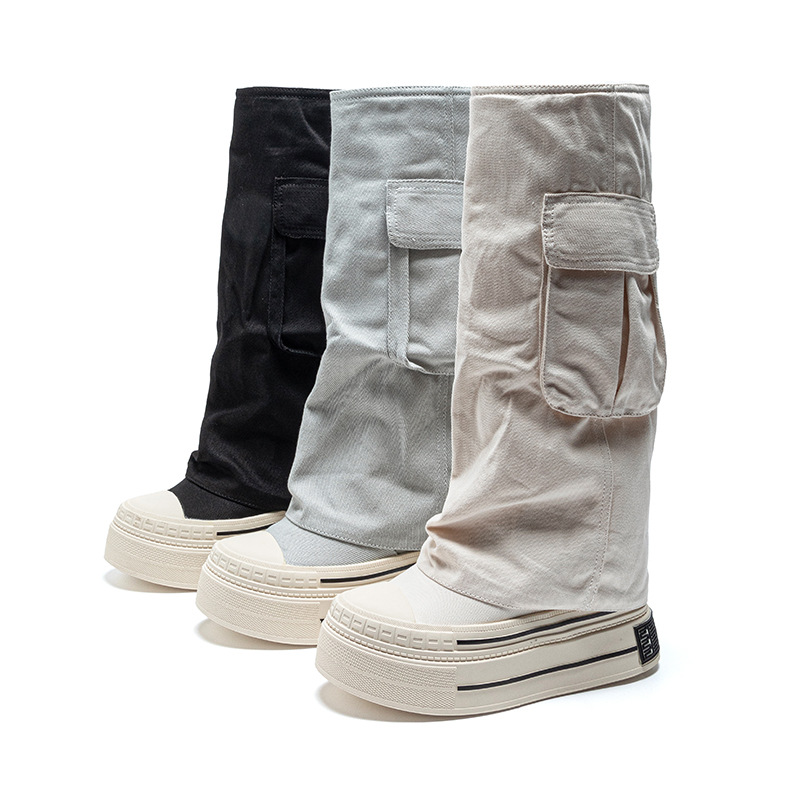 Women'S Fashion Trousers - รองเท้าบูทแฟชั่นสีน้ำตาลทรงวินเทจ ส้นสูงแบบแพลตฟอร์ม ผ้าเดนิมแคนวาส 12 ซม. คอลเลคชั่นฤดูใบไม้ร่วง-ฤดูหนาว