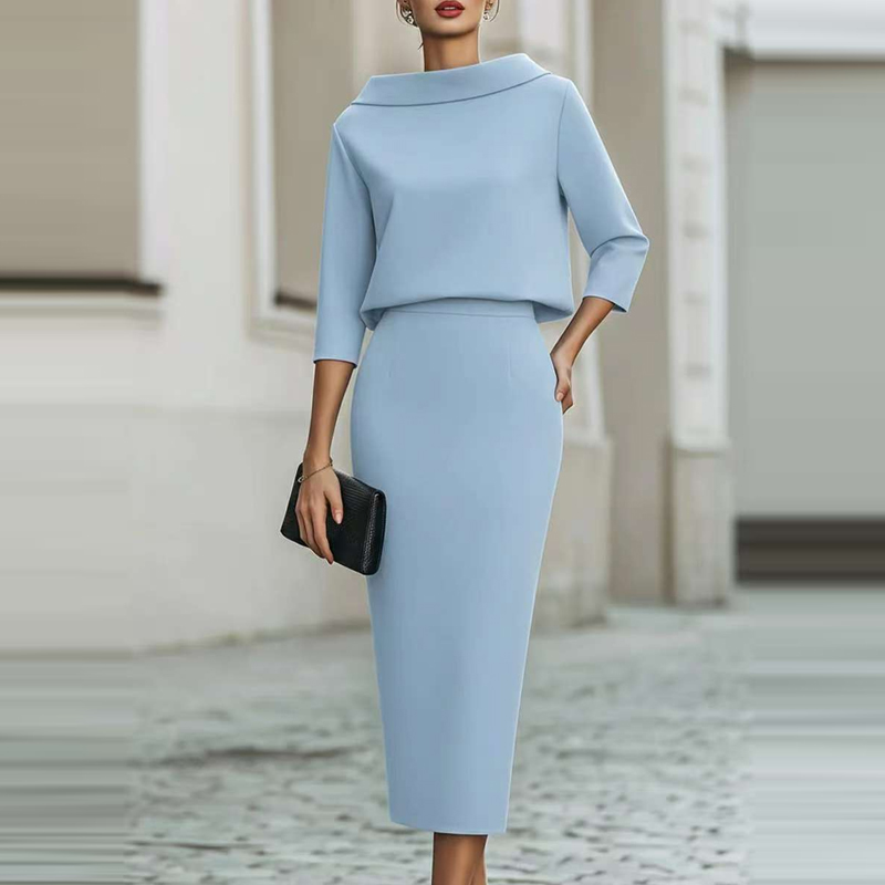Women'S Fashion Quarter Zip - ชุดเซ็ตกระโปรงแฟชั่น คอโอ แขนยาว เสื้อและกระโปรงเข้าชุด ดีไซน์เรียบหรู ทรงเข้ารูป