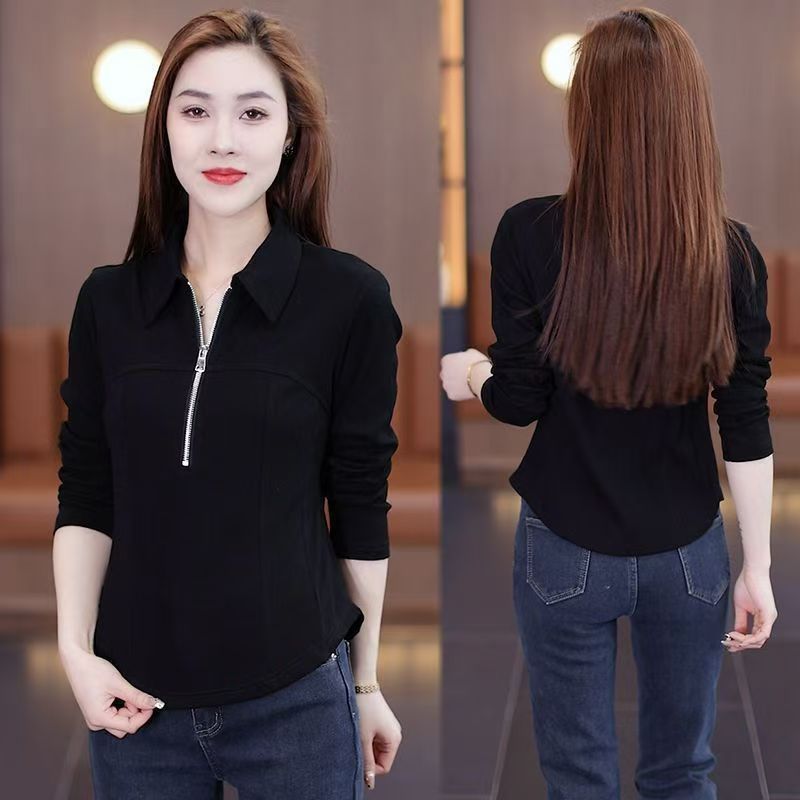 Women'S Fashion Petite - เสื้อยืดคอโปโลแขนยาวทรงเข้ารูปสำหรับผู้หญิง รุ่นพรีเมียม แฟชั่นเกาหลี ฤดูใบไม้ร่วงต้นปี 2026 เสื้อซับในแบบซิปครึ่งตัวสำหรับสาวตัวเล็ก
