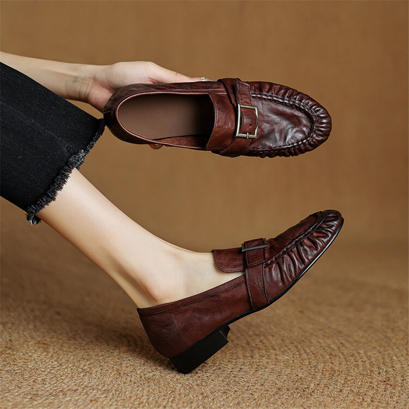 Women Fashion Heels - รองเท้าส้นเตี้ยสำหรับผู้หญิง, ใหม่ฤดูใบไม้ร่วงรองเท้าหนังแท้สตรีรองเท้าบูทหุ้มข้อจีบรอบส้นหนารองเท้าโลฟเฟอร์ผู้หญิง