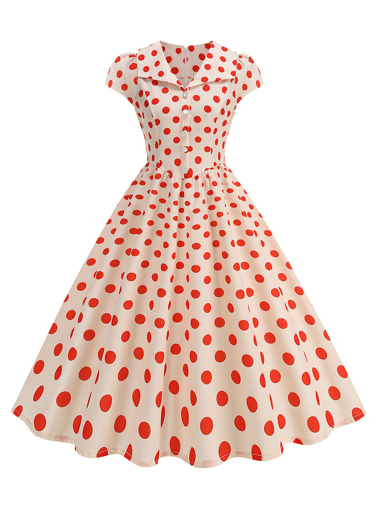 Women'S Fashion Of The 50S - ชุดเดรสลายจุดสำหรับผู้หญิง สไตล์วินเทจย้อนยุคยุค 50s คอปกปีเตอร์แพน ทรงเอไลน์ เหมาะสำหรับงานปาร์ตี้และสวมใส่ในชีวิตประจำวัน