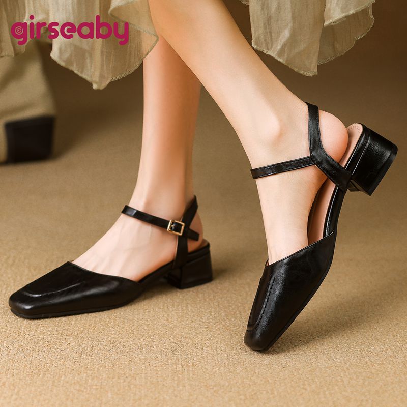 Women'S Fashion Summer 2025 - Girseaby 2025 รองเท้าแตะหญิงสแควร์Toeส้นหนา 3.5 ซม.สายคล้องคอVINTAGEทุกวันฤดูร้อนรองเท้าขนาด 41