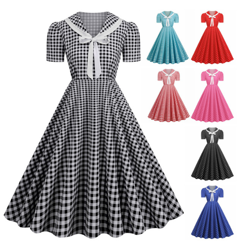 Women'S Fashion Of The 50S - Polka Dot พิมพ์ Vintage ขนาดใหญ่ Swing