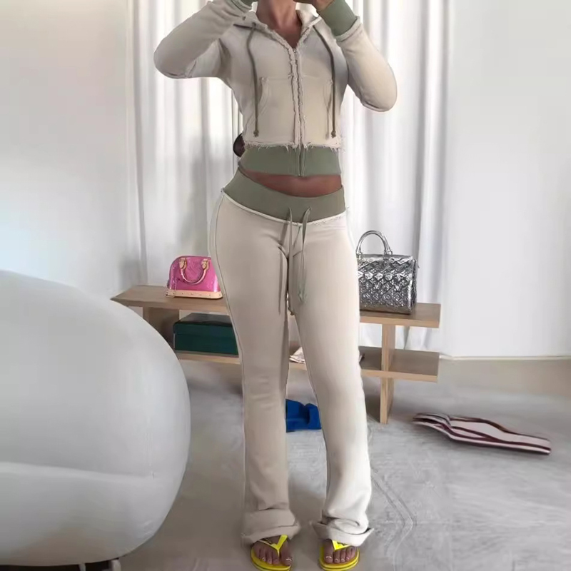 Women'S Fashion Zip Hoodie - ชุดลำลองสองชิ้นสำหรับผู้หญิง เสื้อผ้าแฟชั่น ชุดวอร์มสุดหรู เสื้อฮู้ดมีเชือกผูก แจ็คเก็ตครอปแบบมีซิป และกางเกงขาบาน