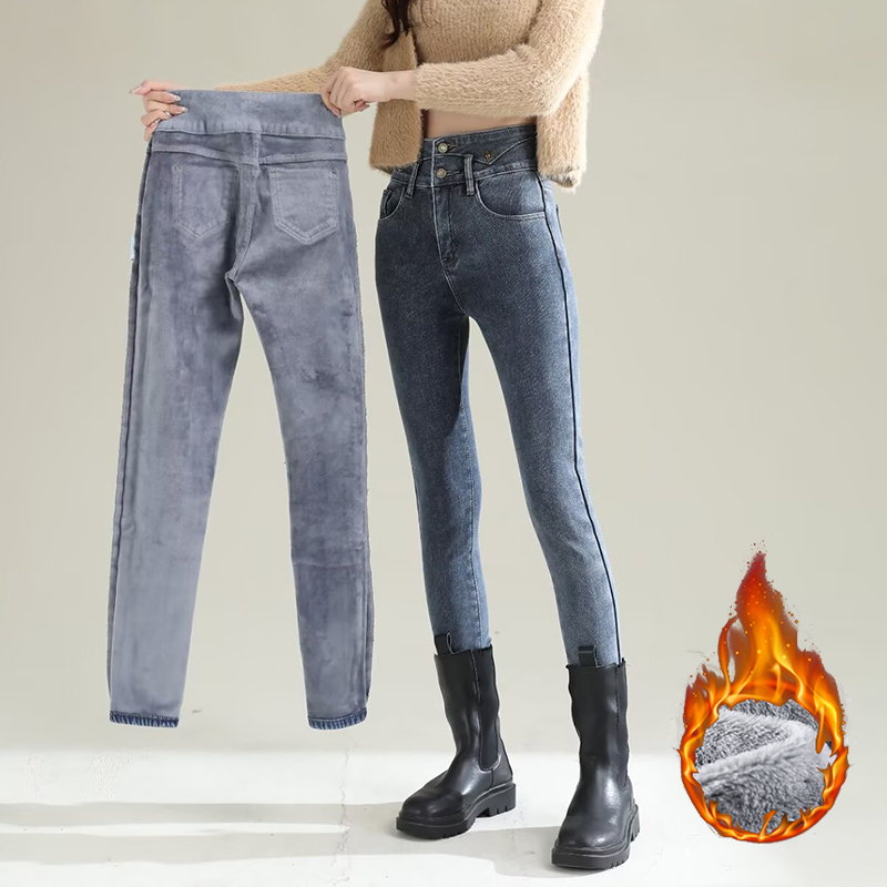 Women'S Fashion Trousers - กางเกงยีนส์ขายาวทรงตรงบุขนกำมะหยี่สำหรับผู้หญิง สไตล์วินเทจ ชิค อุ่นสบาย เหมาะสำหรับฤดูหนาว กางเกงเดนิมขาแคบแฟชั่นลำลองบุขน