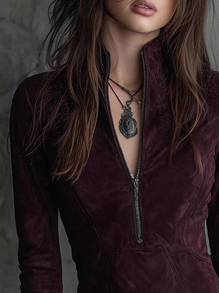 Women'S Fashion Quarter Zip - เดรสสั้นทรงเข้ารูปคอตั้งแบบซิปครึ่งตัว ปี 2026 สำหรับผู้หญิง แต่งชายลูกไม้ แขนยาว