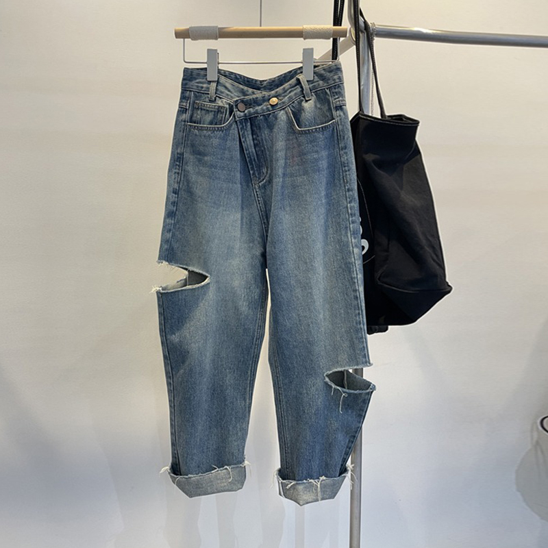 Women'S Fashion Trousers - ฤดูร้อนผู้หญิง Ripped กางเกงยีนส์เอวสูงซิปข้อเท้าความยาวกางเกงเกาหลีแฟชั่นหลวมหญิงกางเกงยีนส์สีฟ้า