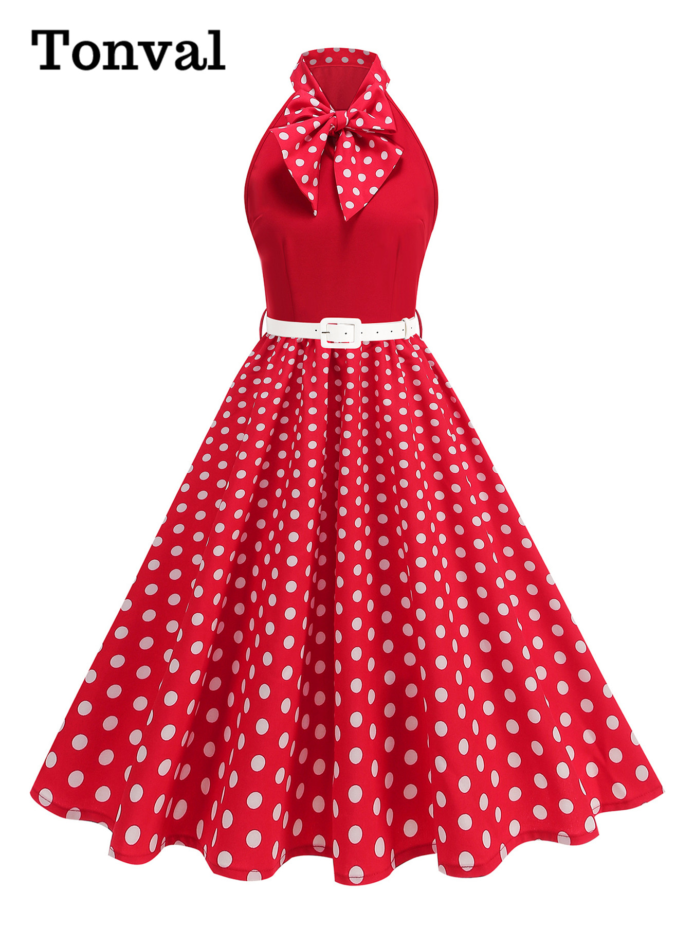 Women'S Fashion Of The 50S - ชุดเดรสทรงโบว์คอ halter ลายจุดสไตล์ยุค 50s สำหรับงานปาร์ตี้ งานพรอม