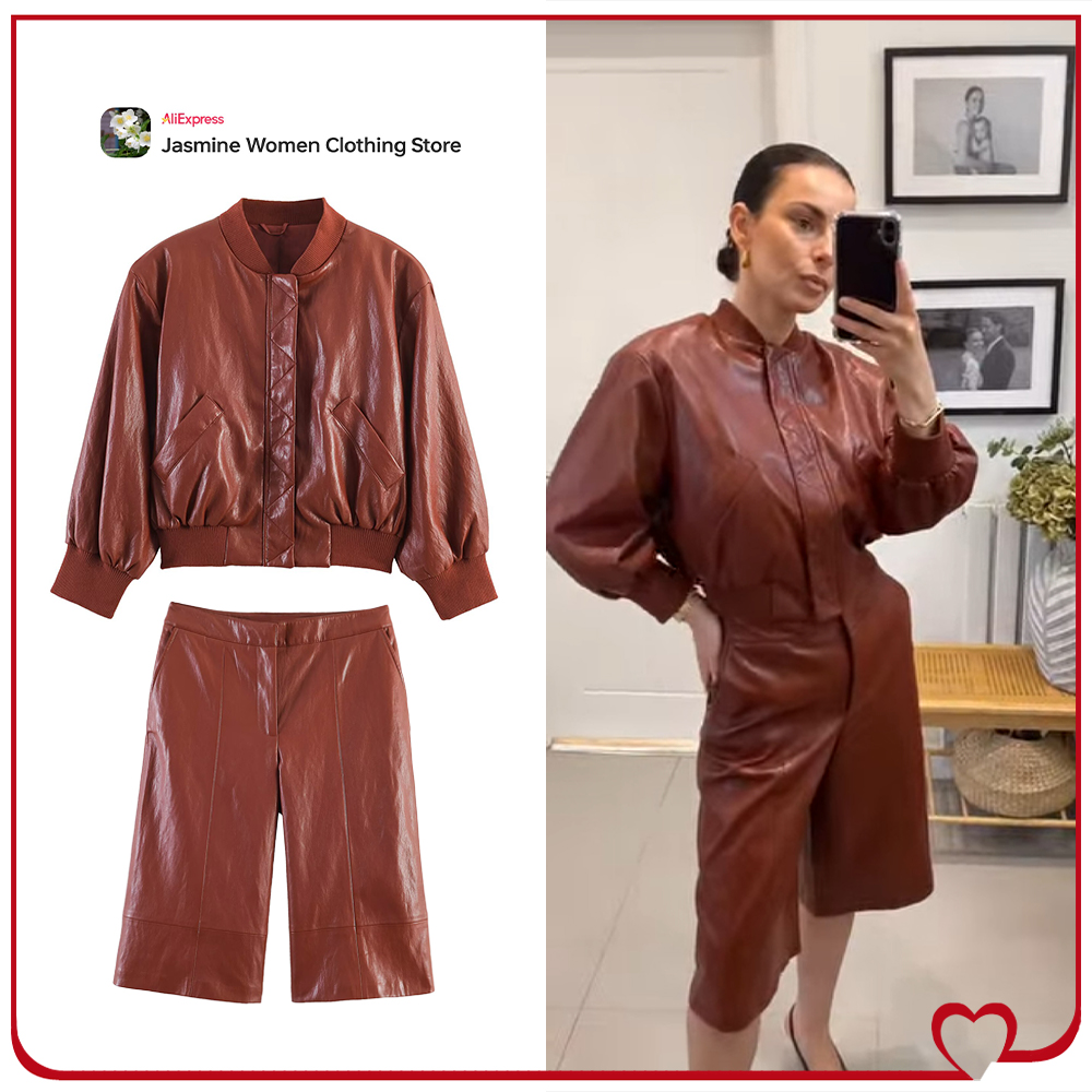 Women'S Fashion Quarter Zip - ชุดเซ็ตหนังเทียมแฟชั่นสำหรับผู้หญิง เสื้อแจ็คเก็ตบอมเบอร์หนังเทียมสีอิฐ แขนเสื้อยาวถึงข้อศอก จับคู่กับกางเกงขาสั้นสีเดียวกัน