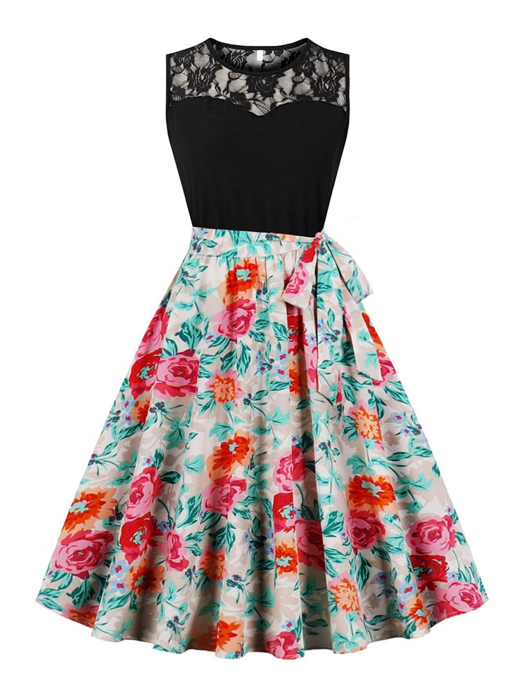 Women'S Fashion Of The 50S - Elegant High เอวแขนกุดจีบ Midi Dress วินเทจ