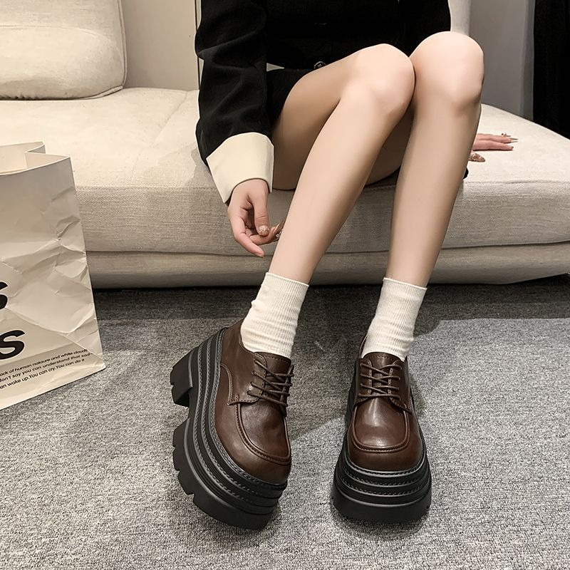 Women'S Fashion Petite - รองเท้าหนังผู้หญิงทรงเตี้ย ส้นหนา เพิ่มความสูง 10 ซม. สไตล์อังกฤษหวานๆ
