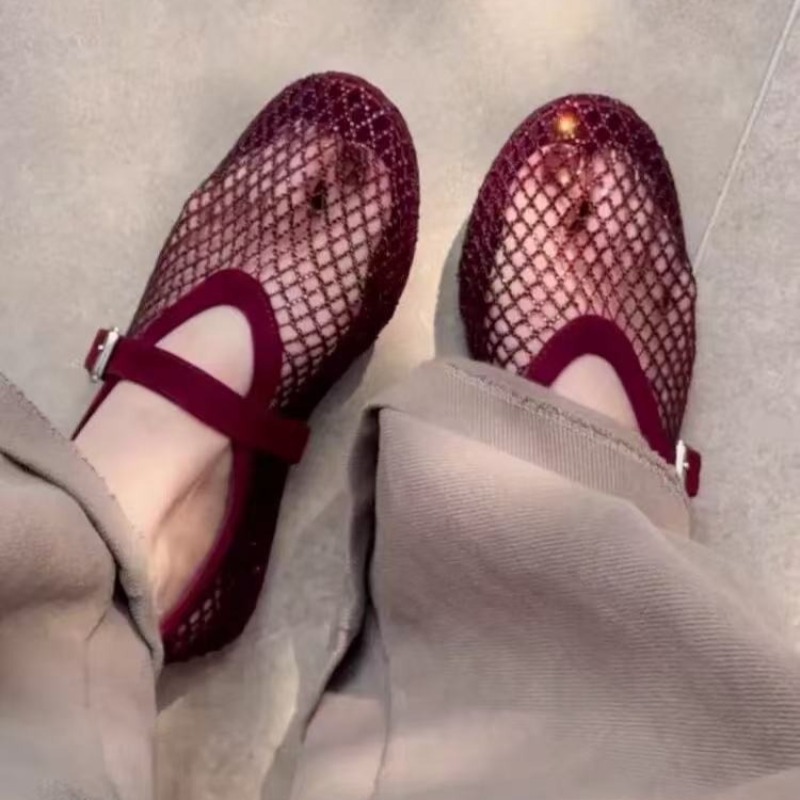 Women Fashion Heels - รองเท้าแตะแบบสวมประดับเพชรทรงกลวงสำหรับผู้หญิง รุ่นใหม่ปี 2026 ระบายอากาศได้ดี ดีไซน์ตาข่ายแบบถัก สไตล์แมรี่เจน