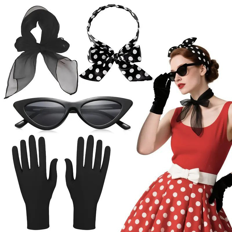 Women'S Fashion Of The 50S - 50s เรโทรเครื่องแต่งกายอุปกรณ์เสริมสตรี 1950s ชุดแฟนซีลายจุดผูกผมต่างหูแว่นตาปาร์ตี้คอสเพลย์สูท