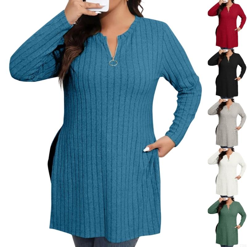 Women'S Fashion Quarter Zip - 77HE Quarter Zip Pullover ผู้หญิงแขนยาวถักเสื้อกันหนาว V