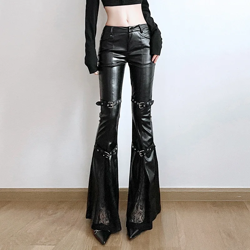 Women'S Fashion Trousers - กางเกงทรงบานหนัง PU สำหรับผู้หญิง, หัวเข็มขัดแบบกอธิค, ตกแต่งด้วยผ้าลูกไม้, สตรีทแวร์สไตล์