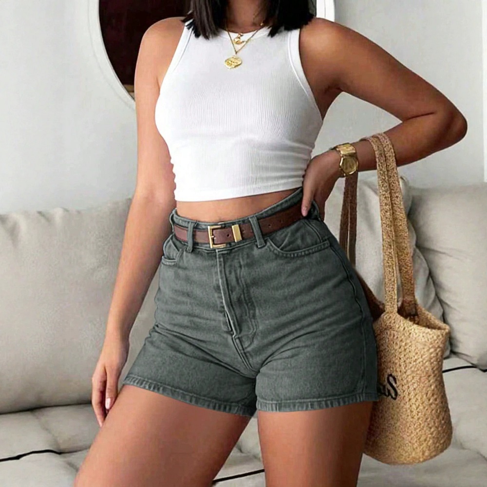 กางเกงยีนส์ขาสั้นเอวสูงทรงสลิม - Women'S Fashion Trousers บทวิจารณ์และราคา