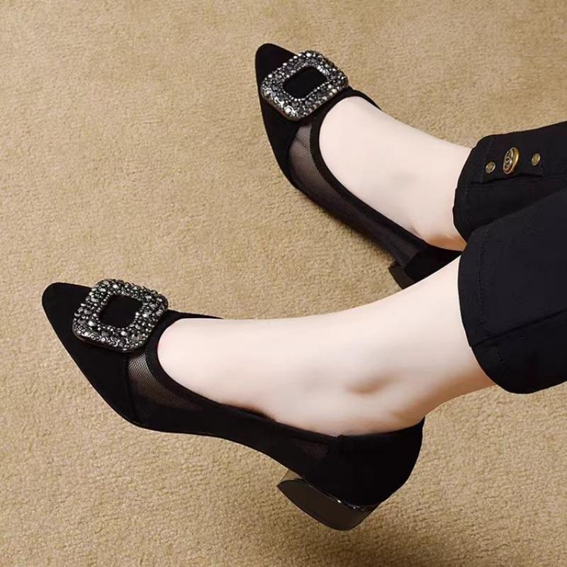 รองเท้าส้นบล็อกหัวแหลมแบบตาข่า - Women Fashion Heels บทวิจารณ์และราคา